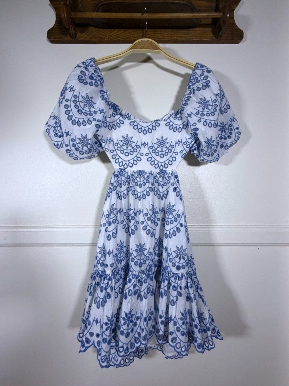 Bardot Junior Girls 10 Blue White Eyelet Puff Sleeve Open Back Dress